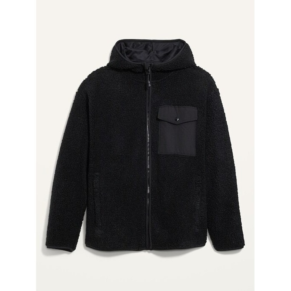 Old Navy Black Cozy Sherpa Hooded Zip Jacket L Zip Pockets